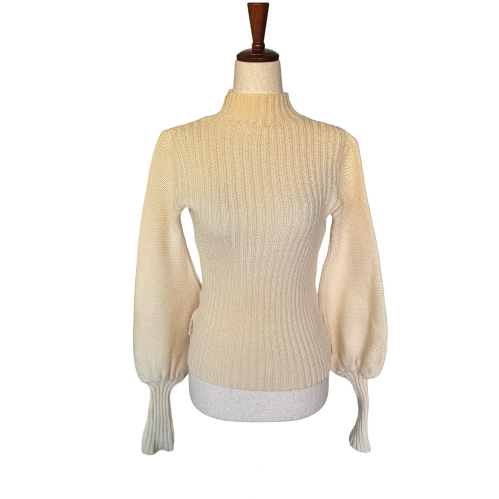 Vintage 70s Cream Ribbed Mock Neck Sweater Balloon Lantern Sleeves Small